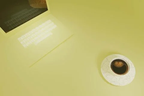 3d render of laptop and smiling coffee in cup in yellow イラスト素材