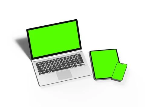 3d render of laptop and tablet with green screen on a light background Stock Illustration