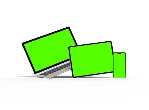 3d render of laptop and tablet with green screen on a light background Stock Illustration