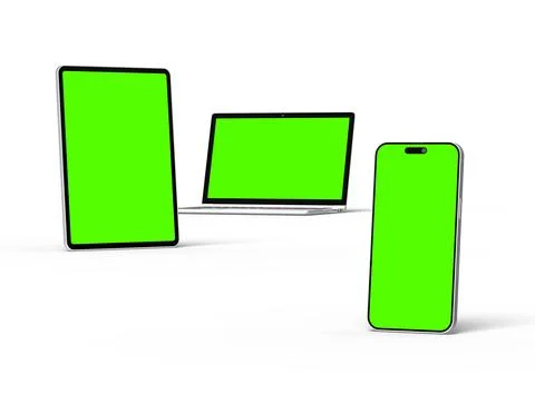3d render of laptop and tablet with green screen on a light background Stock Illustration