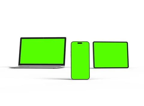3d render of laptop and tablet with green screen on a light background Stock Illustration