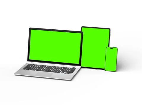 3d render of laptop and tablet with green screen on a light background Stock Illustration