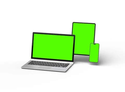 3d render of laptop and tablet with green screen on a light background Stock Illustration
