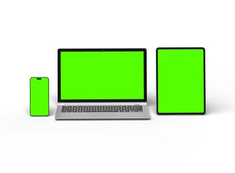 3d render of laptop and tablet with green screen on a light background Stock Illustration