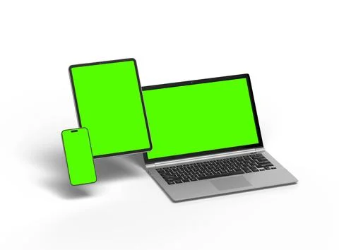 3d render of laptop and tablet with green screen on a light background Stock Illustration