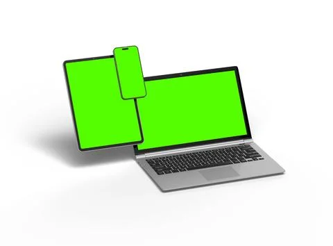 3d render of laptop and tablet with green screen on a light background Stock Illustration