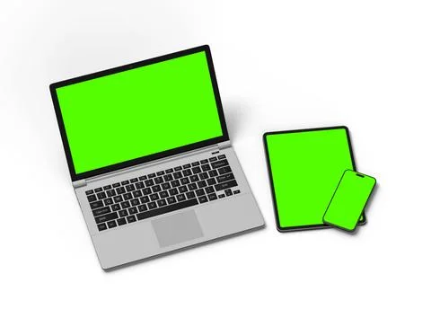 3d render of laptop and tablet with green screen on a light background Stock Illustration