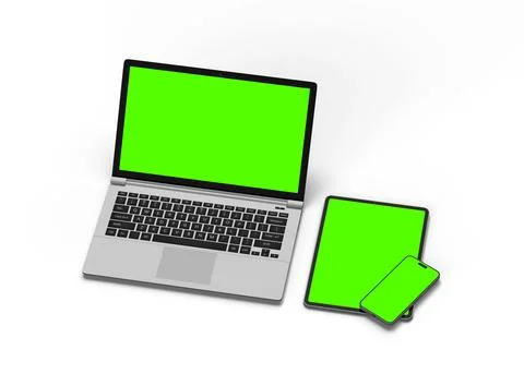 3d render of laptop and tablet with green screen on a light background Stock Illustration