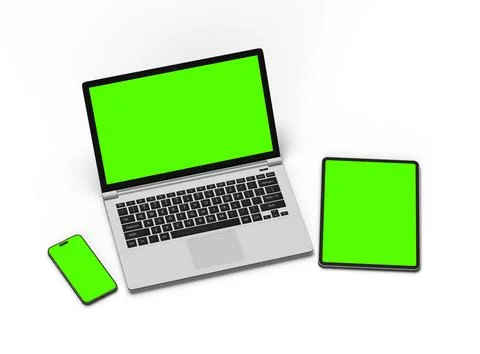 3d render of laptop and tablet with green screen on a light background Stock Illustration