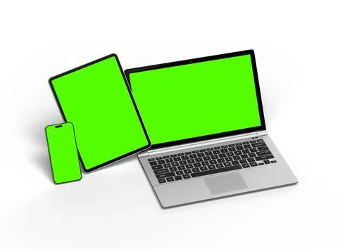 3d render of laptop and tablet with green screen on a light background Stock Illustration