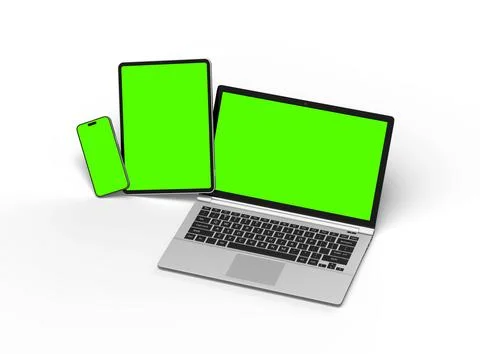 3d render of laptop and tablet with green screen on a light background Stock Illustration