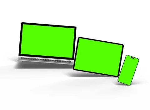3d render of laptop and tablet with green screen on a light background Stock Illustration
