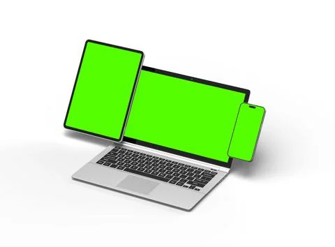3d render of laptop and tablet with green screen on a light background Stock Illustration