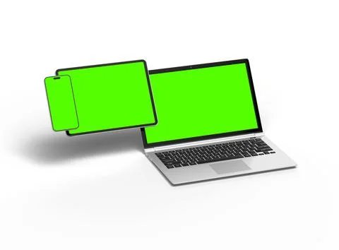 3d render of laptop and tablet with green screen on a light background Stock Illustration