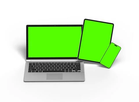 3d render of laptop and tablet with green screen on a light background Stock Illustration