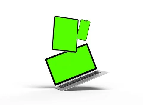 3d render of laptop and tablet with green screen on a light background Stock Illustration