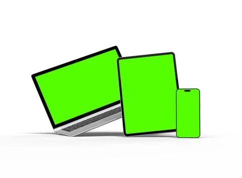 3d render of laptop and tablet with green screen on a light background Illustrazione stock