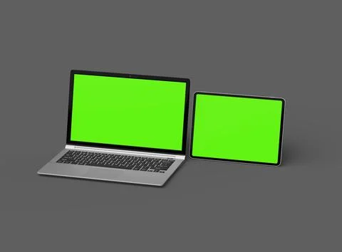3d render of laptop and tablet with green screen on a dark background Stock Illustration