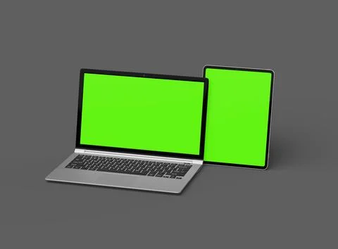 3d render of laptop and tablet with green screen on a dark background Stock Illustration