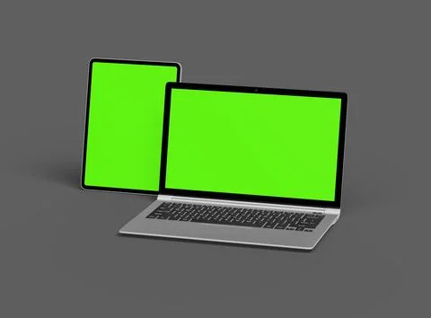 3d render of laptop and tablet with green screen on a dark background Stock Illustration