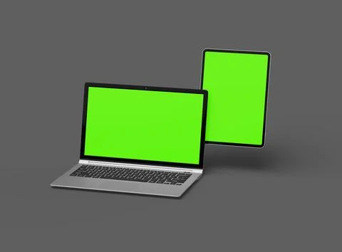 3d render of laptop and tablet with green screen on a dark background Stock Illustration