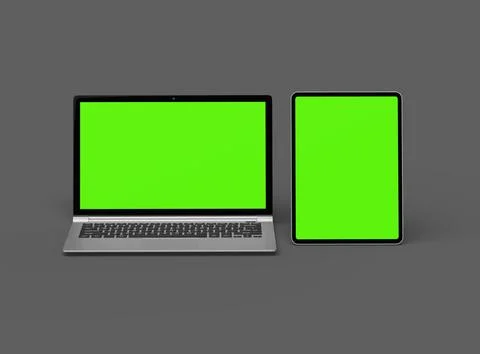 3d render of laptop and tablet with green screen on a dark background Stock Illustration
