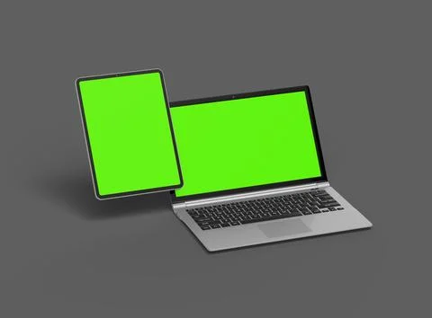 3d render of laptop and tablet with green screen on a dark background Stock Illustration