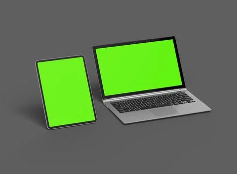 3d render of laptop and tablet with green screen on a dark background Stock Illustration