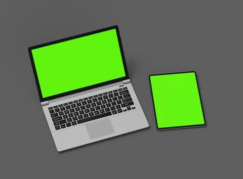 3d render of laptop and tablet with green screen on a dark background Stock Illustration