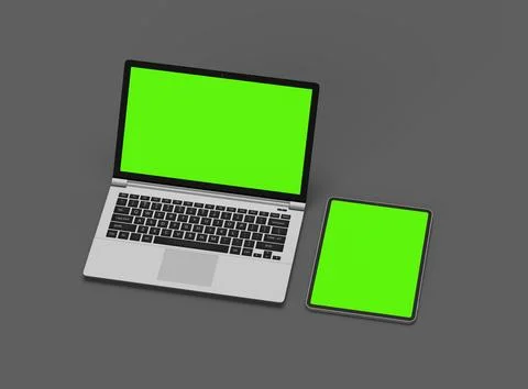 3d render of laptop and tablet with green screen on a dark background Stock Illustration