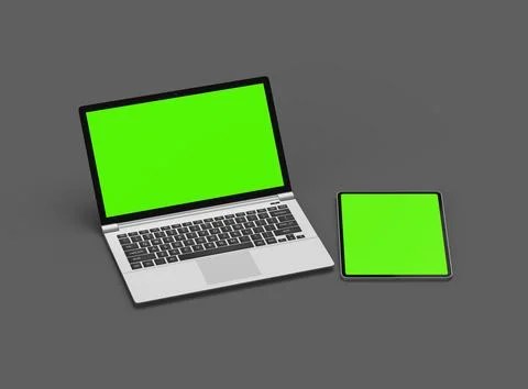3d render of laptop and tablet with green screen on a dark background Stock Illustration