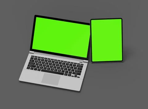 3d render of laptop and tablet with green screen on a dark background Stock Illustration