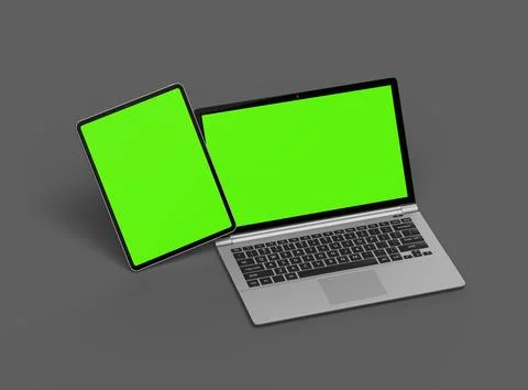 3d render of laptop and tablet with green screen on a dark background Stock Illustration