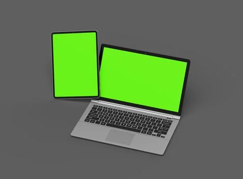 3d render of laptop and tablet with green screen on a dark background Stock Illustration