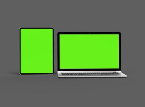 3d render of laptop and tablet with green screen on a dark background Stock Illustration