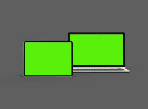3d render of laptop and tablet with green screen on a dark background Stock Illustration