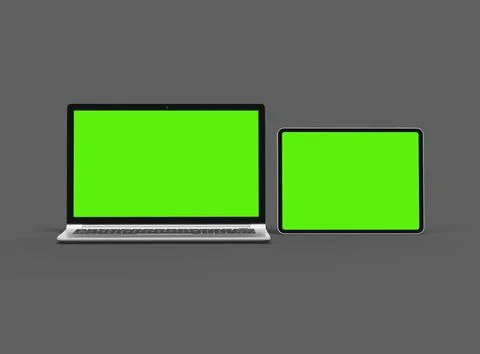 3d render of laptop and tablet with green screen on a dark background Stock Illustration