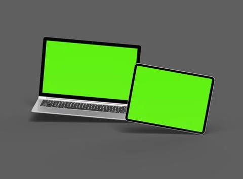 3d render of laptop and tablet with green screen on a dark background Stock Illustration