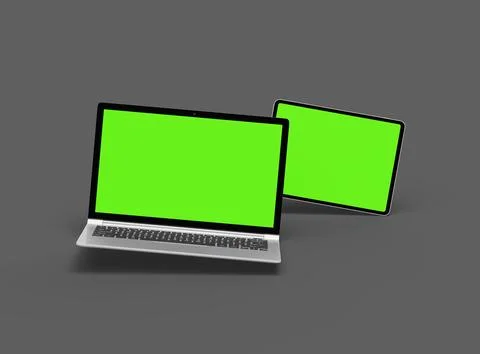 3d render of laptop and tablet with green screen on a dark background Stock Illustration