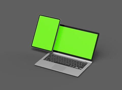 3d render of laptop and tablet with green screen on a dark background Stock Illustration