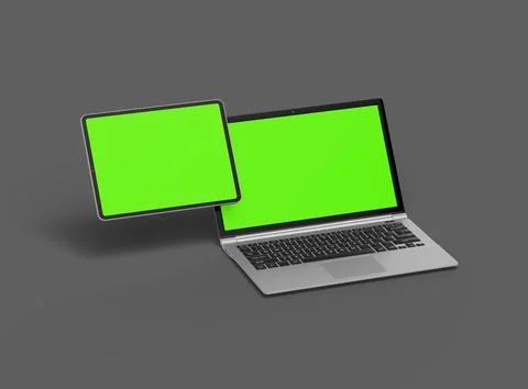 3d render of laptop and tablet with green screen on a dark background Stock Illustration