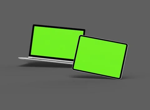 3d render of laptop and tablet with green screen on a dark background Stock Illustration