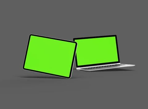 3d render of laptop and tablet with green screen on a dark background Stock Illustration