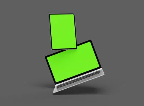 3d render of laptop and tablet with green screen on a dark background Stock Illustration
