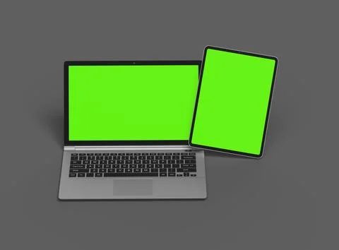 3d render of laptop and tablet with green screen on a dark background Stock Illustration
