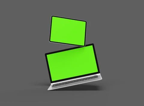 3d render of laptop and tablet with green screen on a dark background Stock Illustration