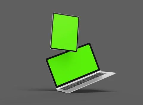 3d render of laptop and tablet with green screen on a dark background Stock Illustration