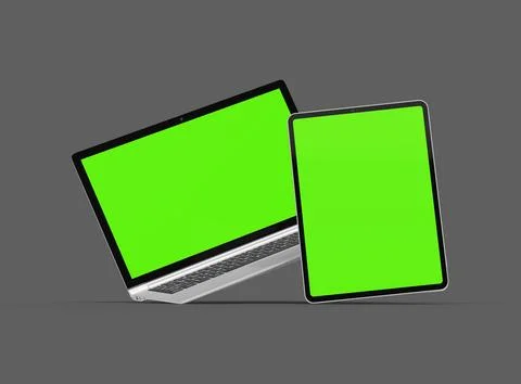 3d render of laptop and tablet with green screen on a dark background Stock Illustration