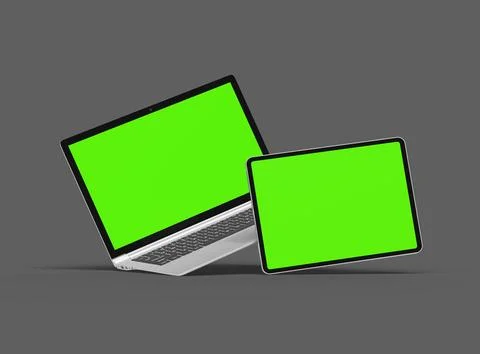 3d render of laptop and tablet with green screen on a dark background Stock Illustration