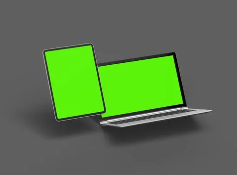 3d render of laptop and tablet with green screen on a dark background Stock Illustration